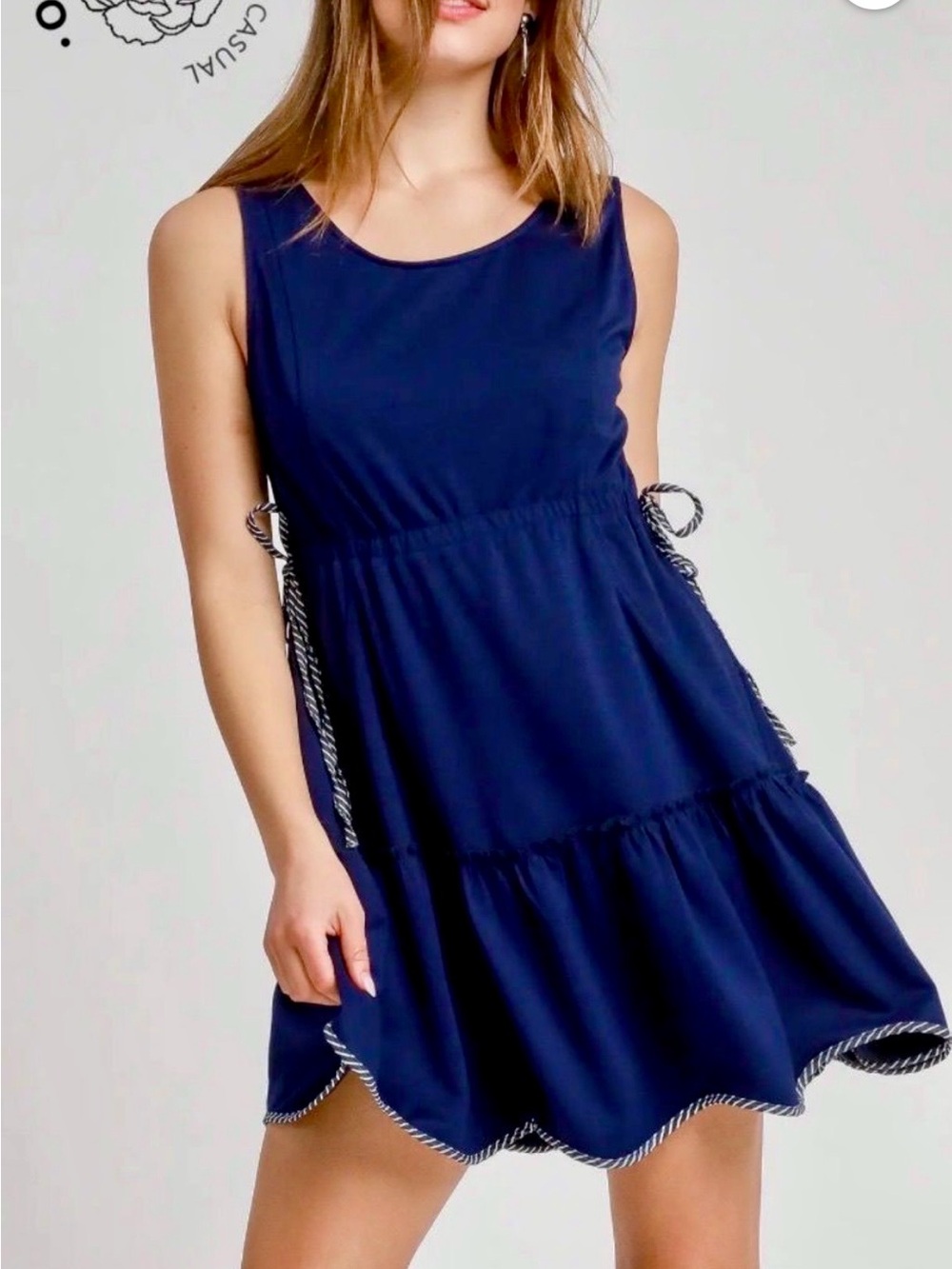 Umgee Navy Sleeveless Tiered Summer Dress with Contrast Trim